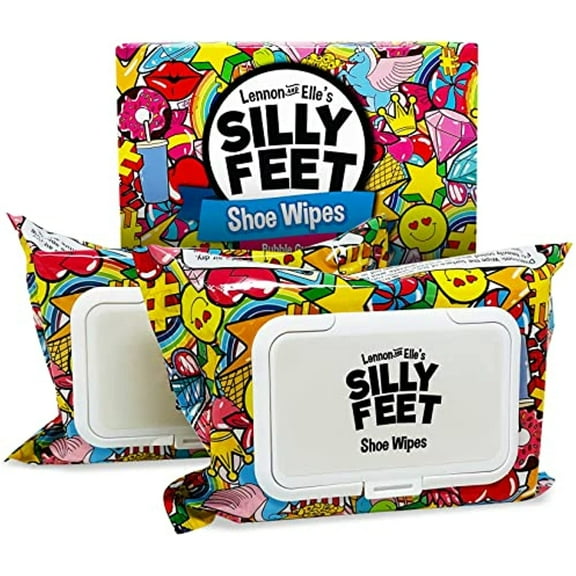 Silly Feet Pre-Moistened Shoe Wipes Cleaner for Leather Sneakers, Bubble Gum Scent, 2 Packs of 30
