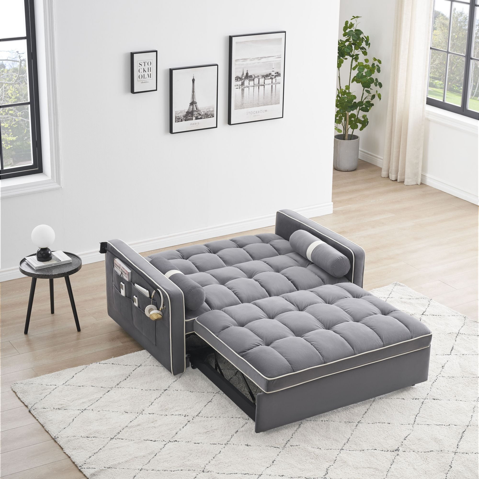 DEALTOPS 3 in 1 Sofa Bed, 55" Loveseat Sleeper with Two Pillows & Phone Stand, Gray