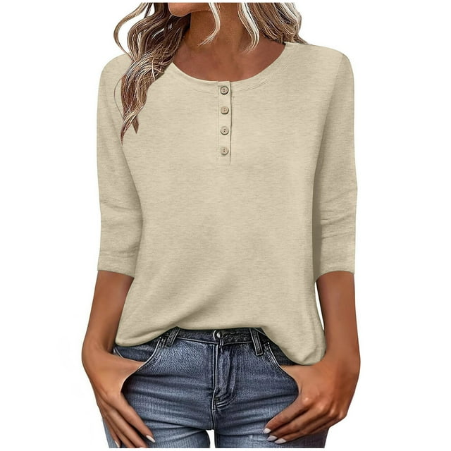 Lenpel Women's 3/4 Length Sleeve Tops Spring Summer Crew Neck Quarter Button Casual T-Shirts Tunic Tee Blouses