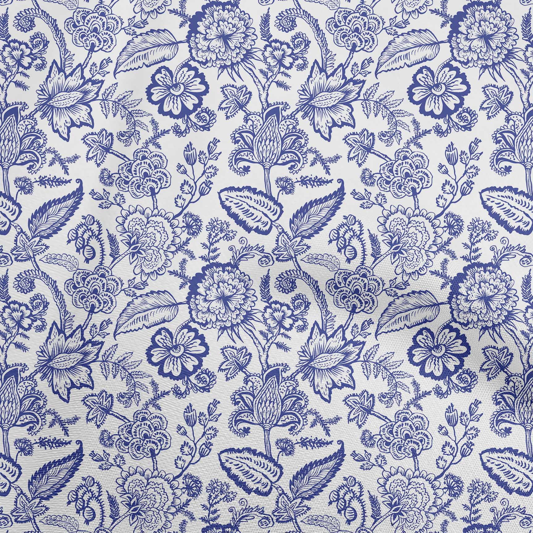 oneOone Cotton Cambric Medium Blue Fabric Jacobean Floral Sewing ...