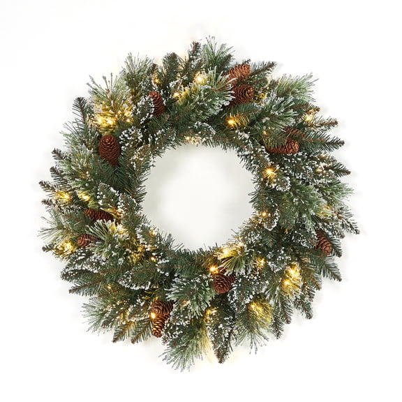Towallmark 2025 New 24" Christmas Wreath with Pine Cones and Light, Pre-Lit Front Door Christmas Wreath, Winter Christmas Decoration for Window Door Indoor Outdoor