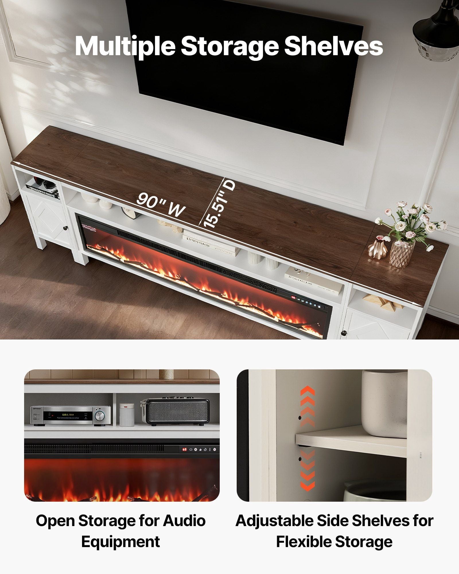 Fireplace TV Stand, Farmhouse Fireplace TV Stand for TVs up to 100 inch, Farmhouse Entertainment Center with 60 inch Fireplace & Storage Drawers for Living Room Bedroom, Remote Control, White