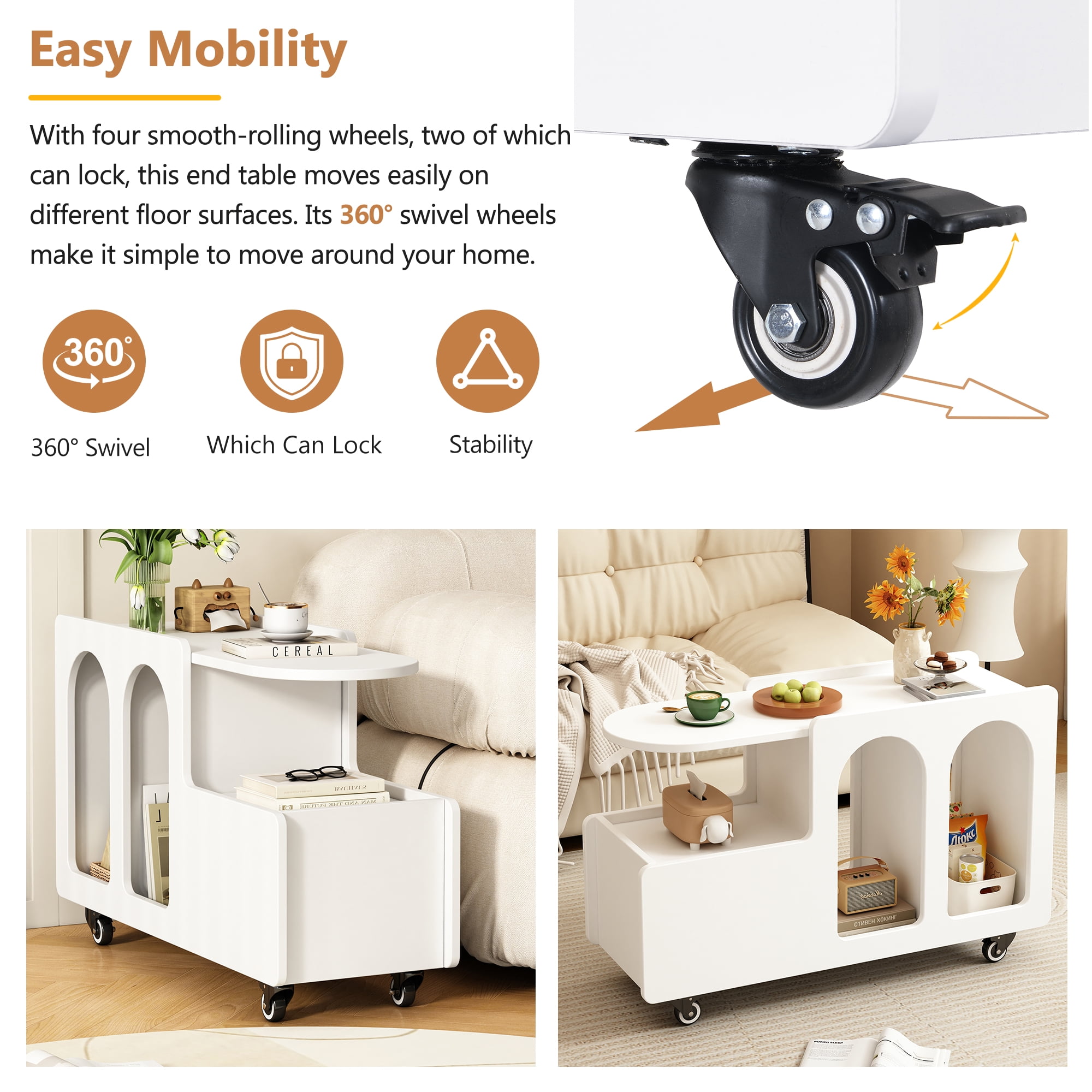 MAYEERTY Mobile End Table with Lockable wheels, Side Table, Narrow Nightstand with Multi-layer Storage, White