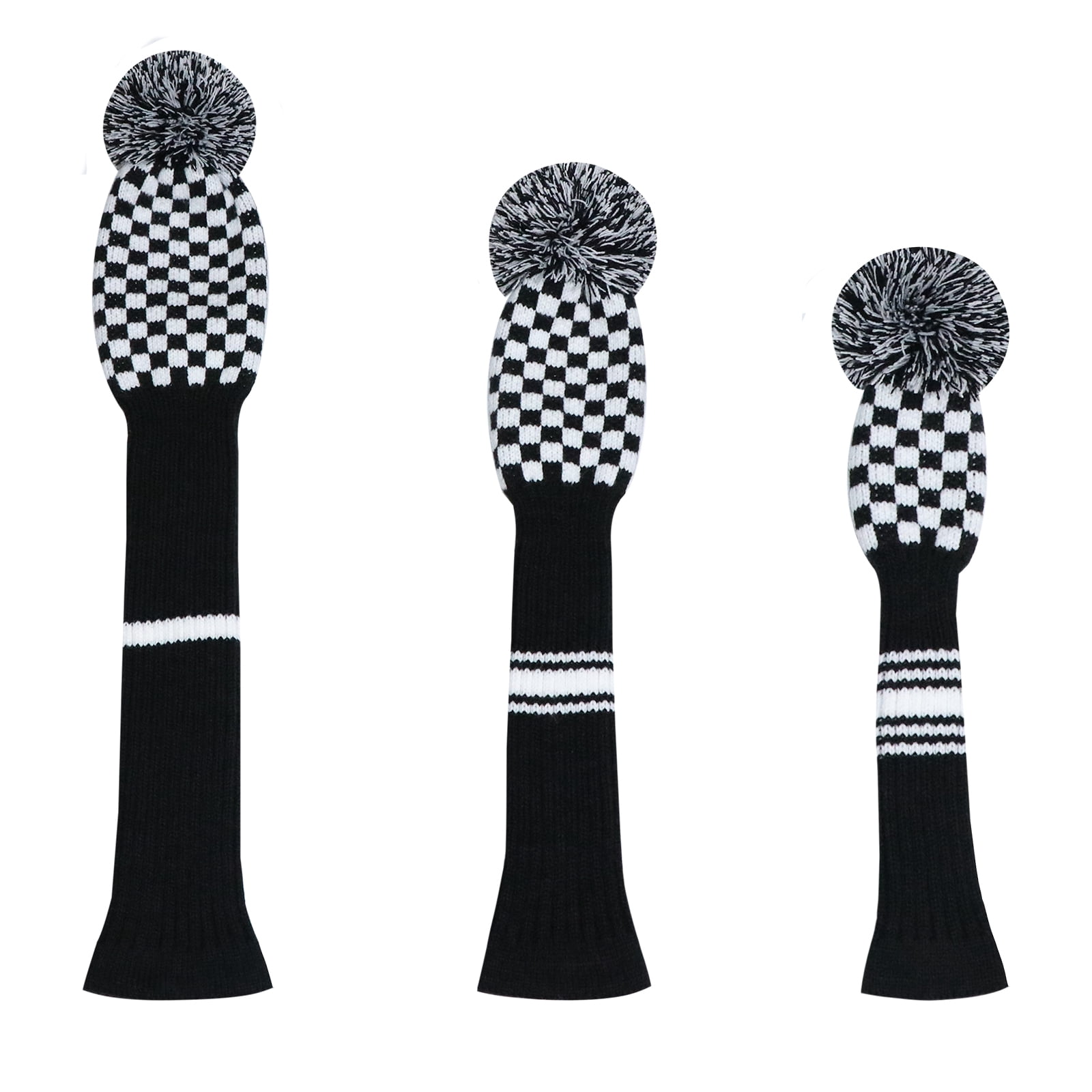 LeFeng 3Pcs Golf Club Head Covers Set Knitted Golf Head Covers for 460cc Driver Fairway Woods and Hybrid with Cute Pom Pom and Number Tag