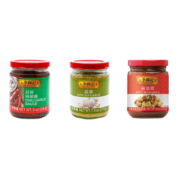 3 Pack Lee Kum Kee Cooking Sauce, 3 Flavors(Chili Garlic Sauce,Minced Garlic Sauce,Spicy Bean Sauce) Plus NineChef Brand Long Handle Coffee Spoon