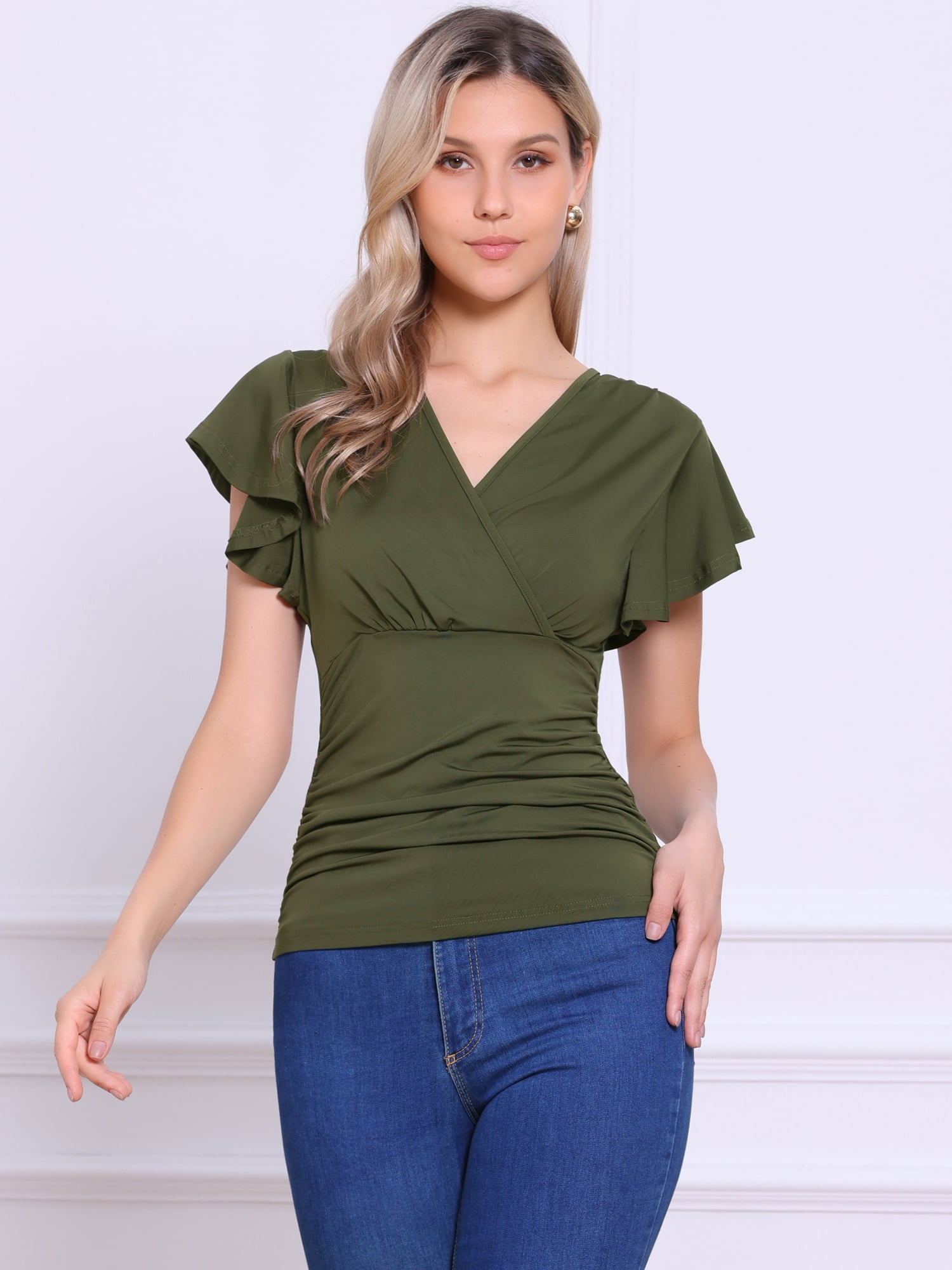 DARING DIVA Women's Stylish V Neck Cinched Waist Ruffle Sleeve Blouse M Dark Green