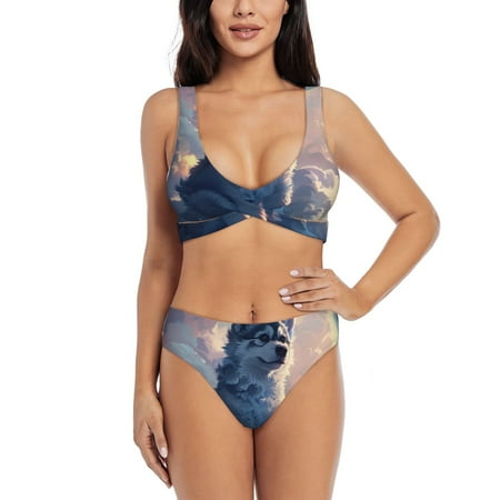 Zeuib Cloud Wolf High Waisted Tummy Control Bikini Set - Knot Front Push Up Top & Cheeky Thong Bottom  Two-Piece Swimsuit for Women-XX-Large