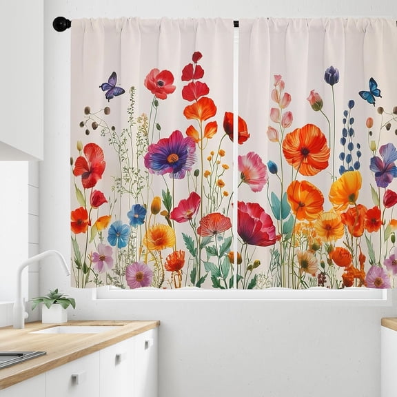 Flower Kitchen Curtains Sets for Windows Boho Colorful Curtains Bathroom Door Window Rustic Floral Butterfly Small Short Cafe Curtain 36 Inch Length 2 Panels Treatment Tiers Drapes