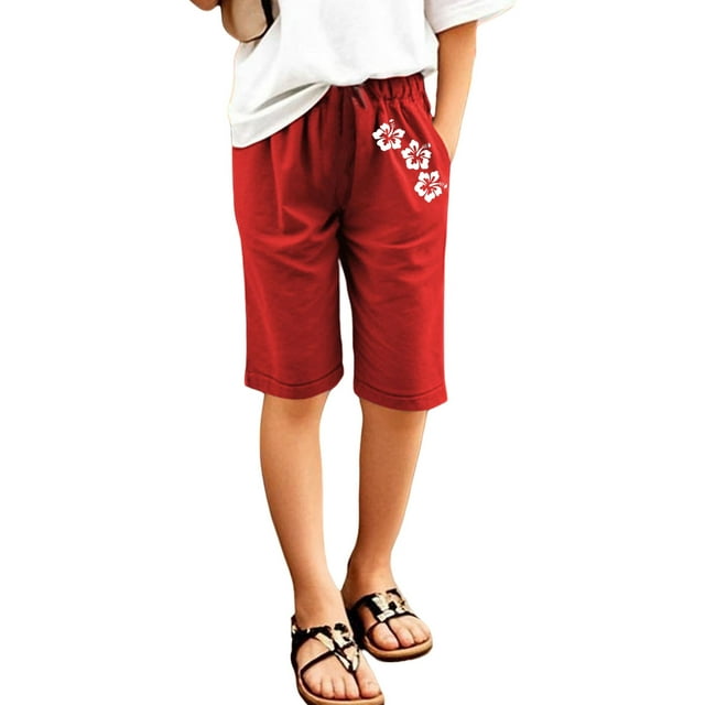 MIASHUI Shorts Décontractés pour Filles Été Taille Élastique Pantalons de Plage Mode Urbaine, Rouge, 11-12 Ans