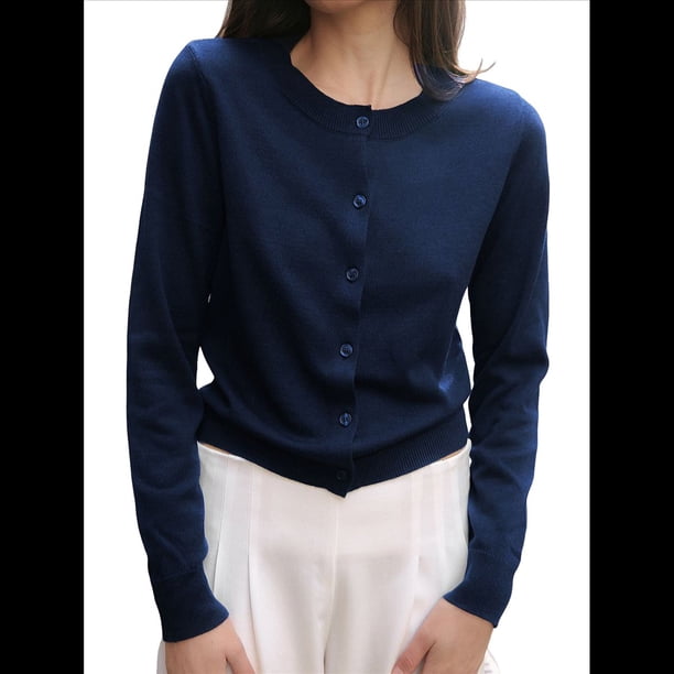 Cárdigan Corto para Mujer, Suéter de Punto de Larga con Botones para Vestidos y Jeans. Azul Marino L