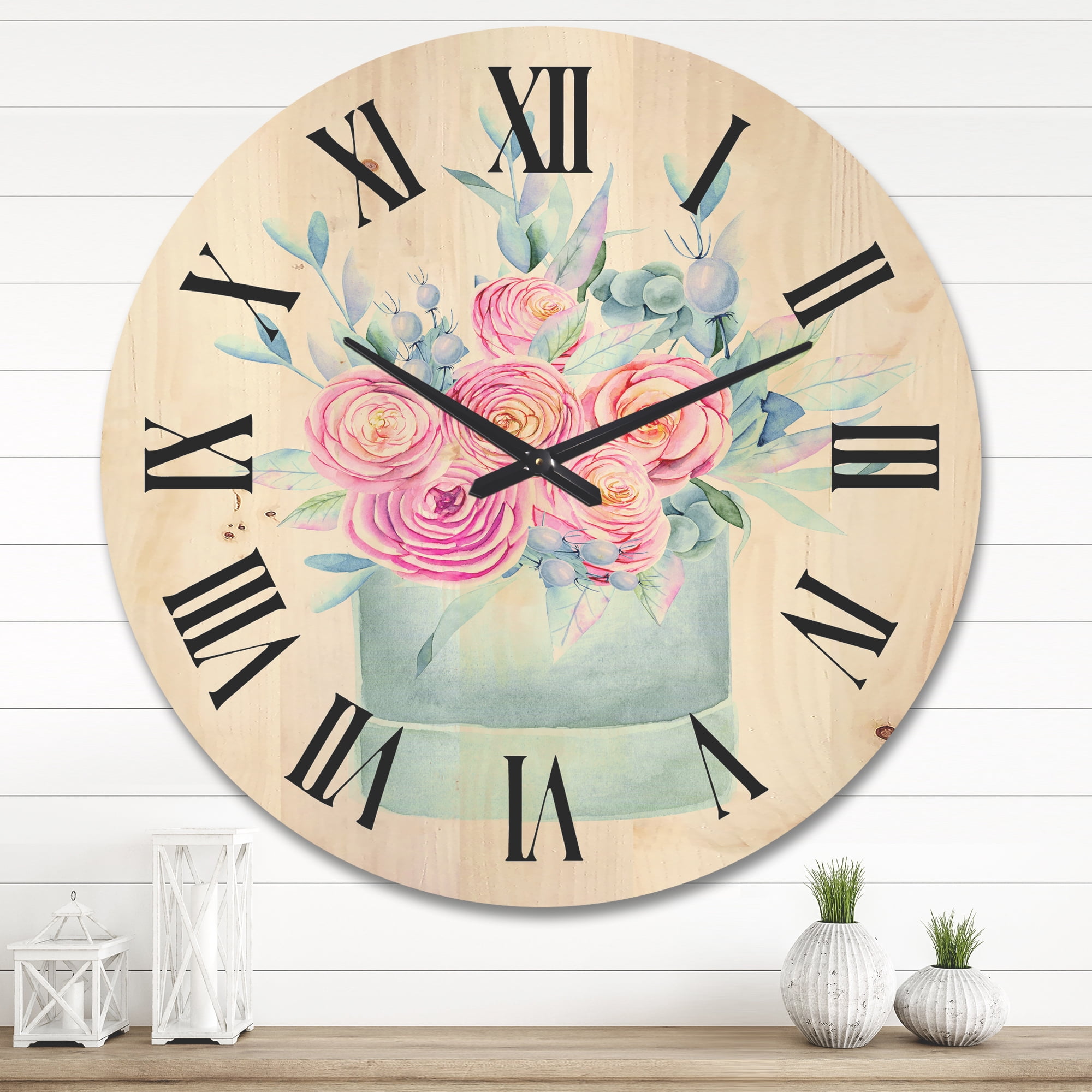 Designart 'Pink Roses With Gift Box' Farmhouse Wood Wall Clock