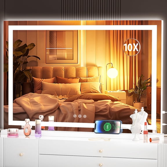 Hasipu 32"x 20" LED Vanity Mirror Square White Lighted Makeup Mirror with Dimmable 3 Modes, Touch Screen Control