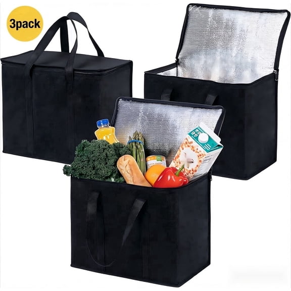 3 Pack Insulated Reusable Grocery Cooler Bags, Large Heavy Duty Shopping Bag with Durable Handles, Double Zipper & Lid, Freestanding Collapsible Food Storage Bag