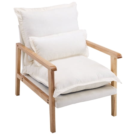 UBesGoo Modern Accent Chair with Lumber Pillow Comfy Wood Armrests Armchair Chenille Fabric Single Sofa with Metal Frame for Living Room Beige