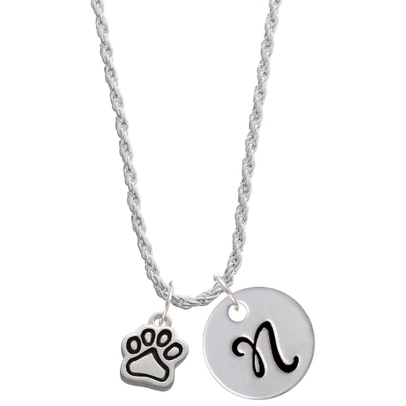 Delight Jewelry Silvertone Small Paw Silvertone Script Initial Disc - N - Charm Necklace, 20"+3"