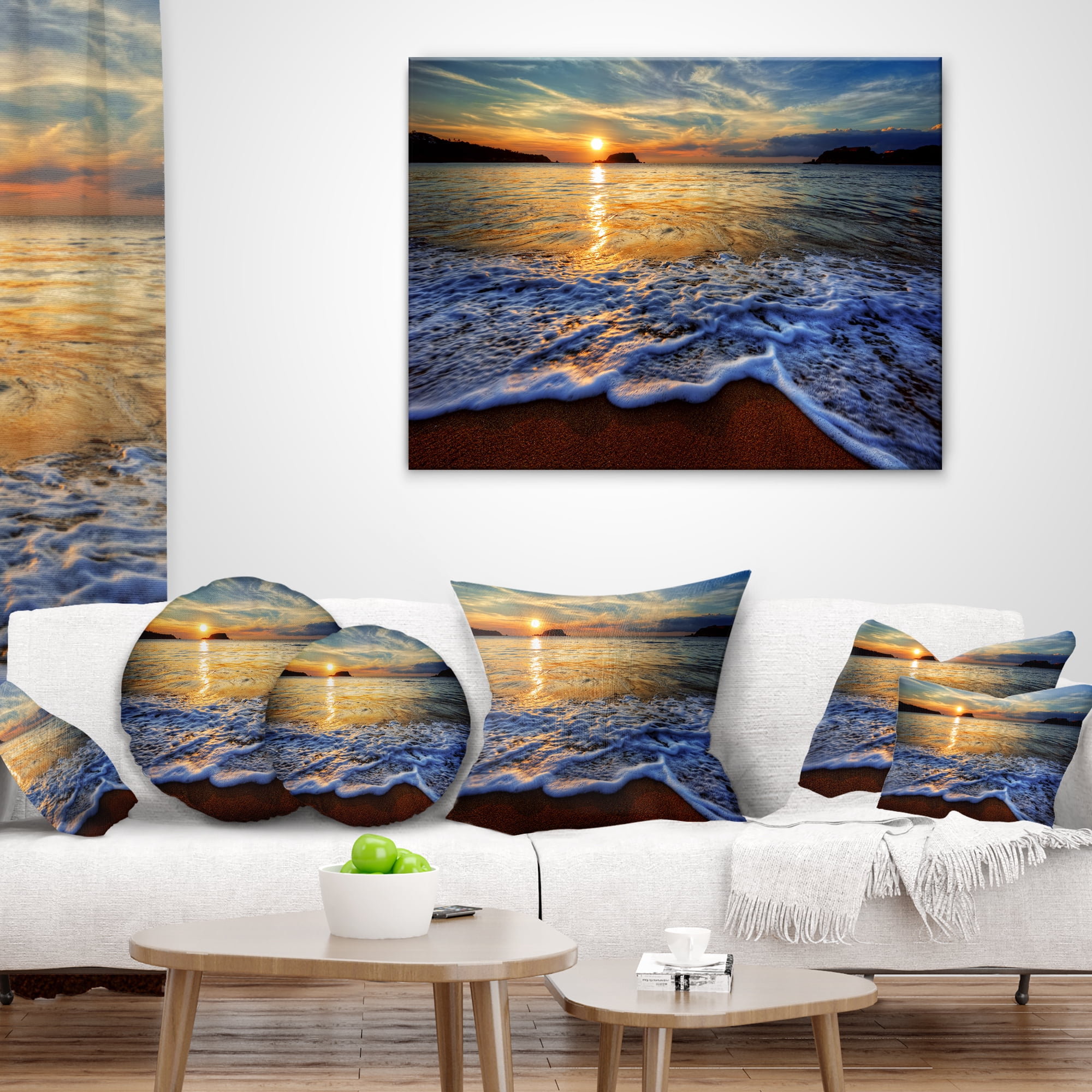 Designart Peaceful Sandy Beach with Waves - Throw Pillow - 12x20