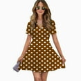 thumbnail image 2 of White And Brown Polka Dots Women Dress V-Neck Short Sleeve Flowy Swing Party Midi Dress, 2 of 4