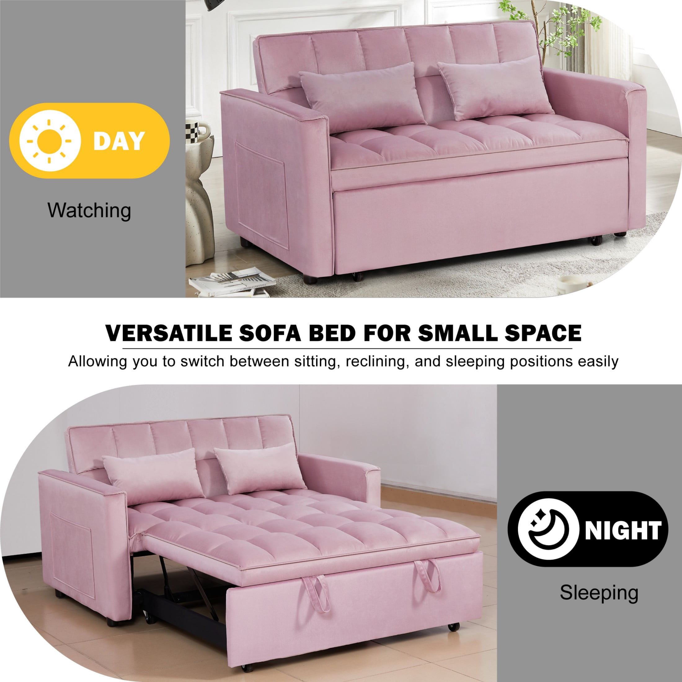 Gewnee 54" Modern Convertible Velvet Futon Sofa Bed with Pull-Out Sleeper and Adjustable Backrest, Loveseat Couch for Living Room or Office (Pink)