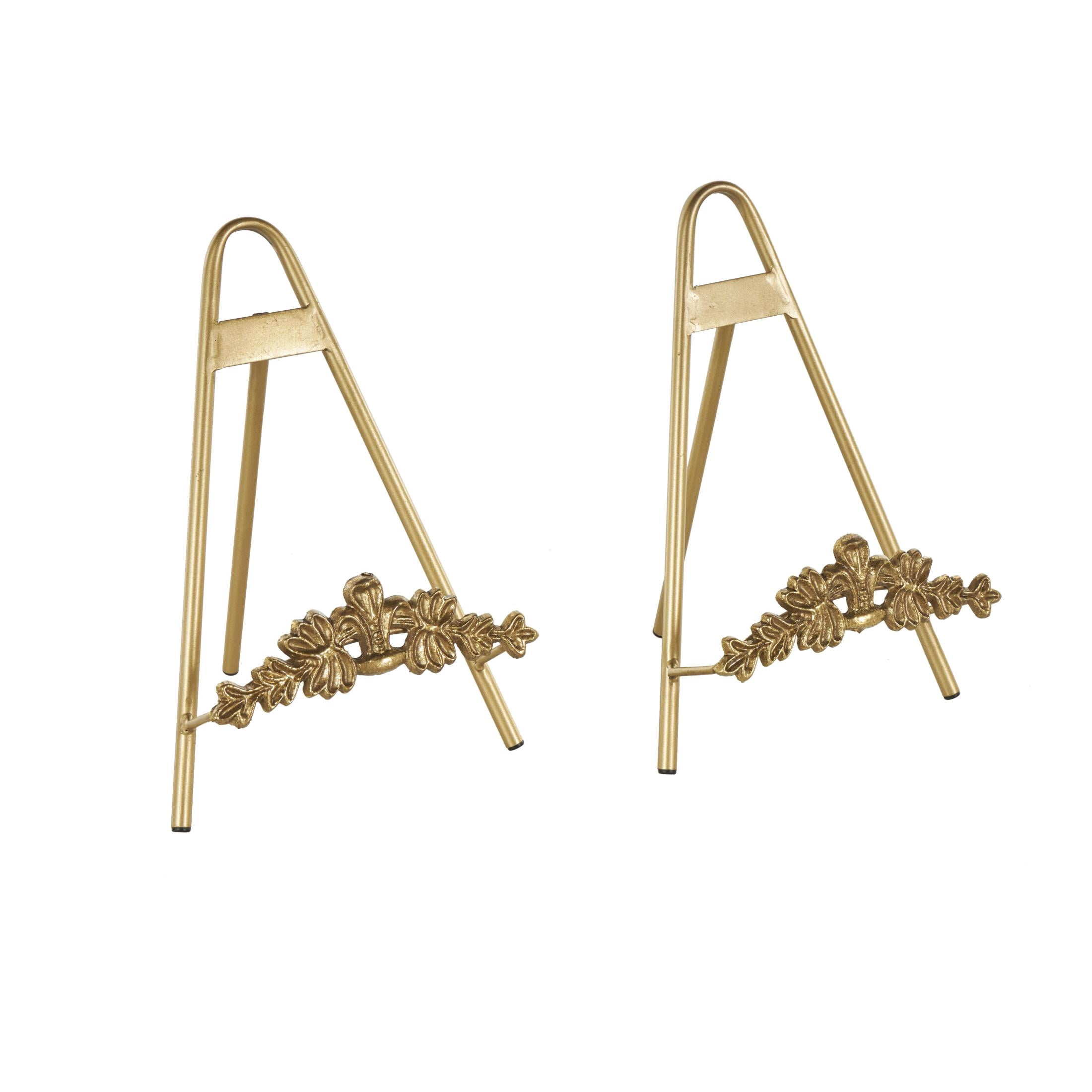 DecMode 8"W, 12"H Gold Metal Arched Tabletop Foldable Leaf Easel with Vine Emblem, 2-Pieces
