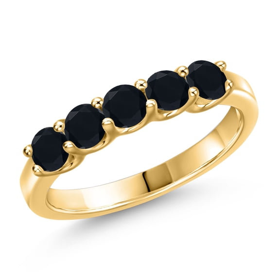 Gem Stone King 18K Yellow Gold Plated Silver Black Onyx Wedding-Bands Ring for Women | 0.65 Cttw | Round 3.5MM | Gemstone December Birthstone | Size 5