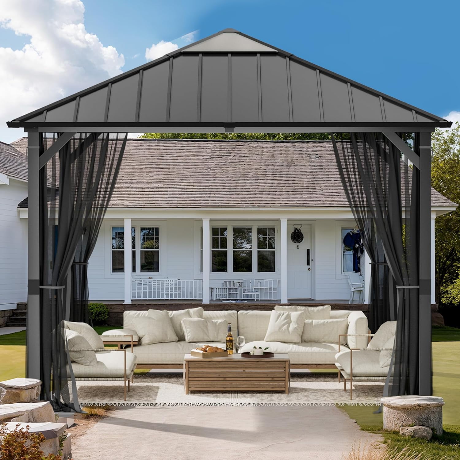 ELPOSUN Outdoor Living 10’ X 10’ Hardtop Gazebo Canopy with Netting & Curtains, Outdoor Aluminum Gazebo with Galvanized Steel Double Roof for Patio Lawn and Garden, Black