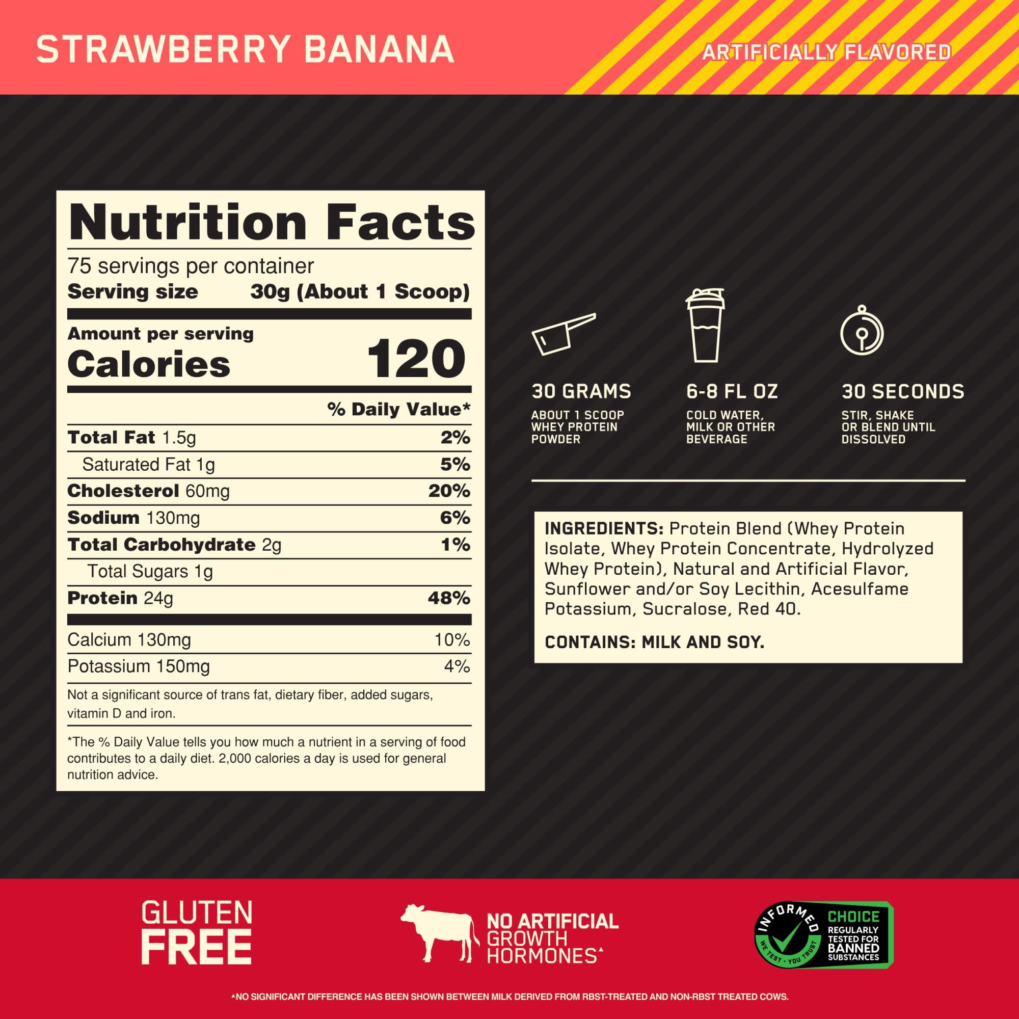 Optimum Nutrition, Gold Standard 100% Whey Protein Powder, Strawberry Banana, 5 lb, 75 Servings