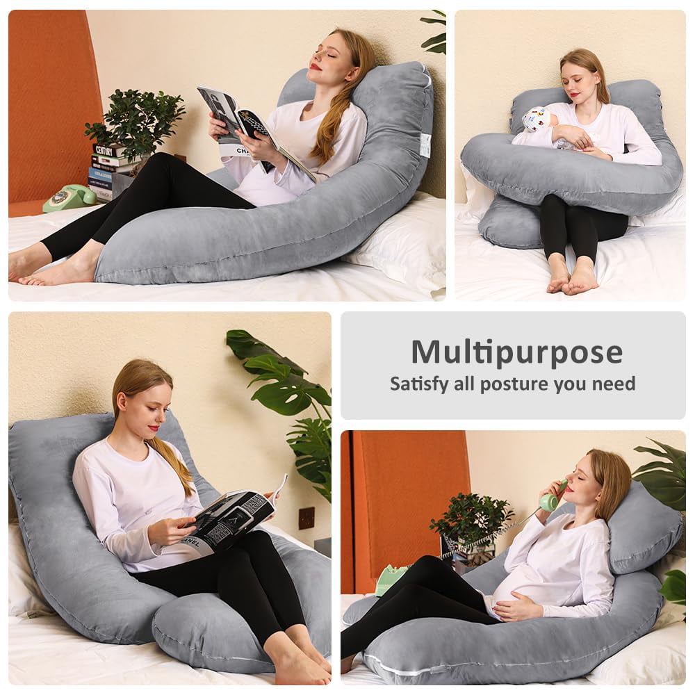 Memory Foam Pillow  J Shape Pillows For Sleeping Body Adults Maternity Women With Removable Cover Light Grey