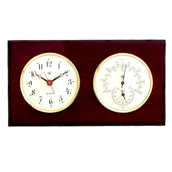 Bey-Berk International WS219 Brass Quartz Clock & Thermometer with Hygrometer - Mahogany