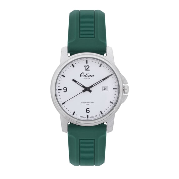 Orlean Mens Easy to Read Watch with Date - 316L Stainless Steel Case Washable Waterproof Silicone Band - 38mm Analog Men's Wrist Watches - White Dial - Silver / Green Band