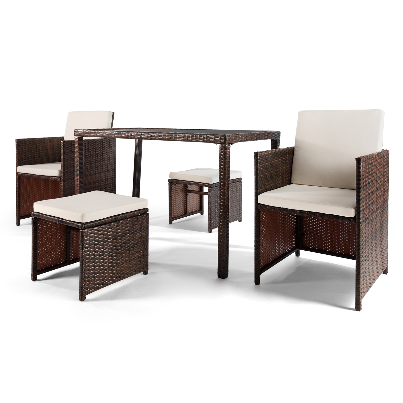 5 Piece Outdoor Patio Dining Set with 2 Wicker Armchairs, 2 Ottomans, Dining Table, All-Weather Space Saving Rattan Outdoor Conversation Set with Cushions for Backyard, Lawn, Garden, Poolside, LLL127 - image 2 of 10