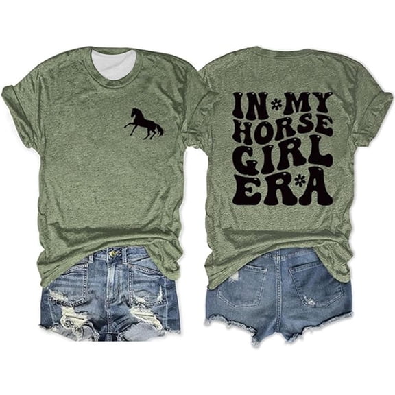 Tiweut T Shirt for Women Short Sleeve Horse Graphic Outdoor Loose Pullover Tops,Army Green