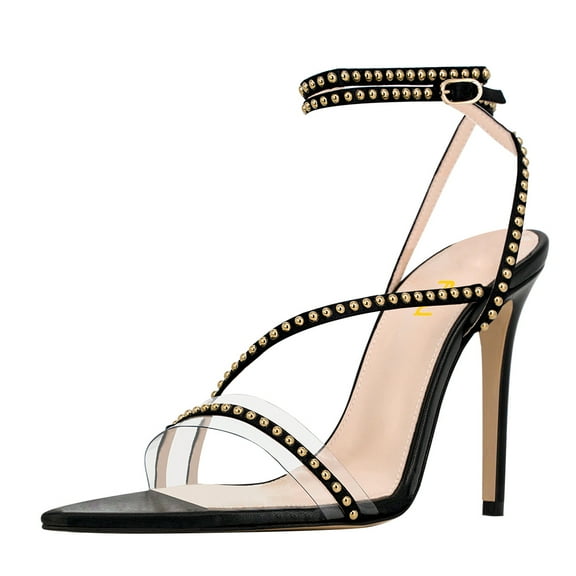 FSJ Women Sexy Rhinestones Pointed Open Toe Strappy Sandals Stiletto High Heel Studded Rivets Pumps Party Wedding Shoes Size 8 Black