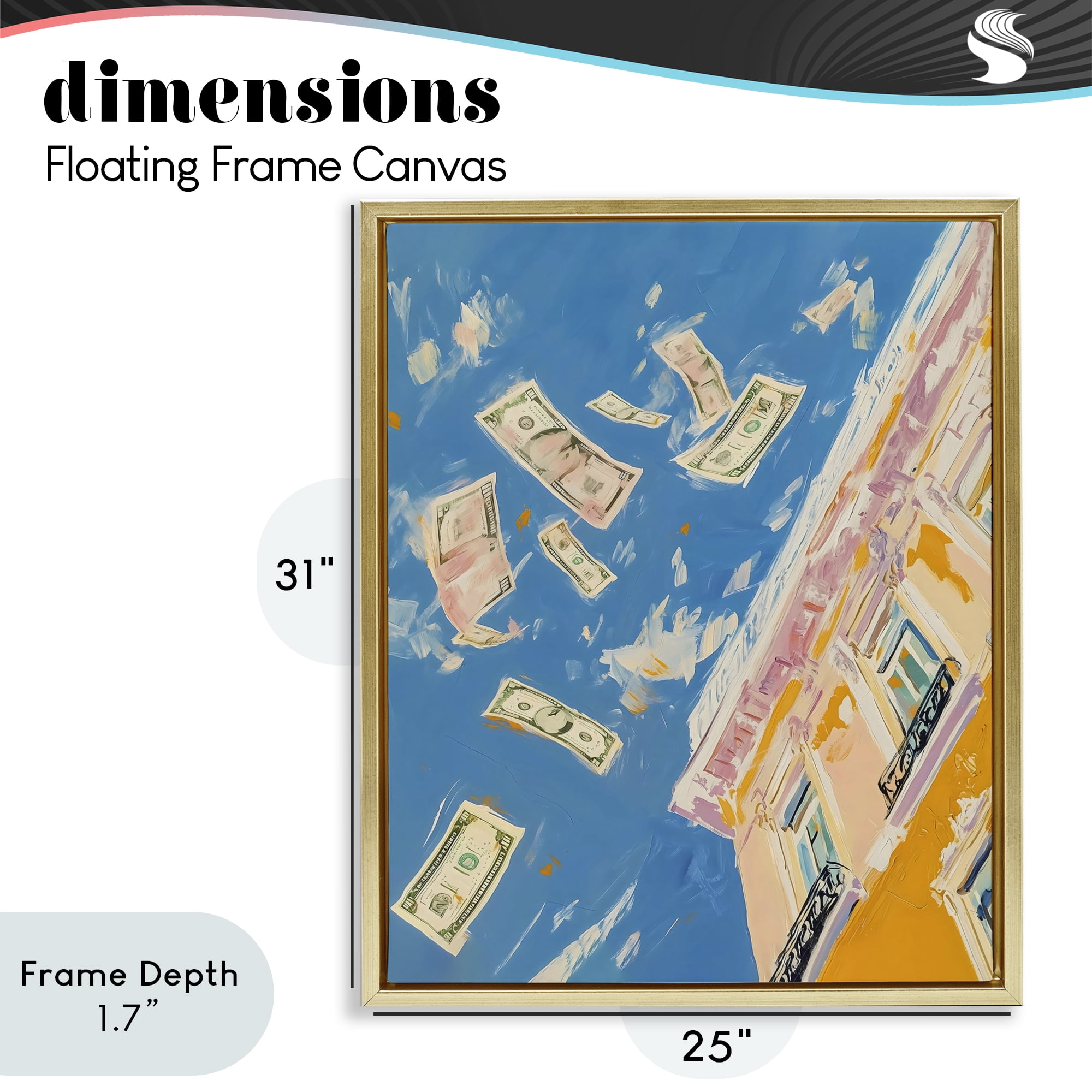 Stupell Industries Money Rain Drifting Past Windows Gold Framed Floater Canvas Wall Art, design by The Prints Vibe