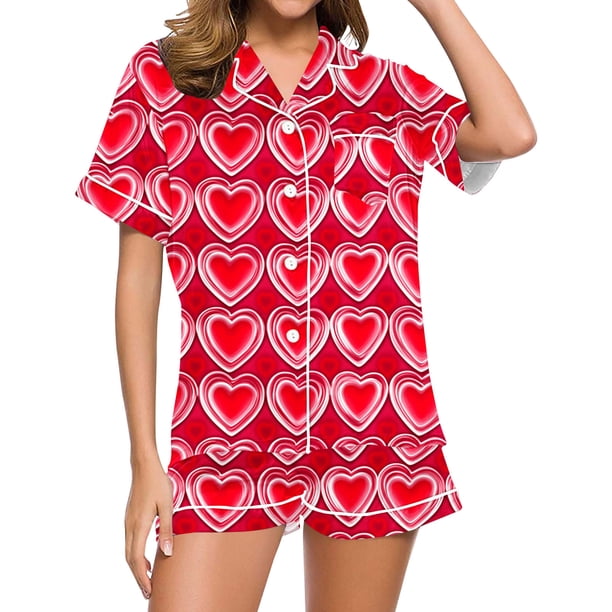 Conjunto de Verano para las Mujeres Día de San Valentín Amor Impreso Cuello de Manga Corta con Pantalones Cortos, Poliéster Ligero para el Uso Informal