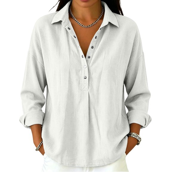 Knit Tops for Women 3/4 Sleeve T-Shirts V Neck Button Up Collared Shirts 2026 Loose Fit Plain Work Blouses