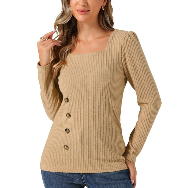 INSPIRAR CHIC Blusas de Manga Larga para Mujer con Decoración de Botones Cuello Cuadrado Suéter Tops L Caqui