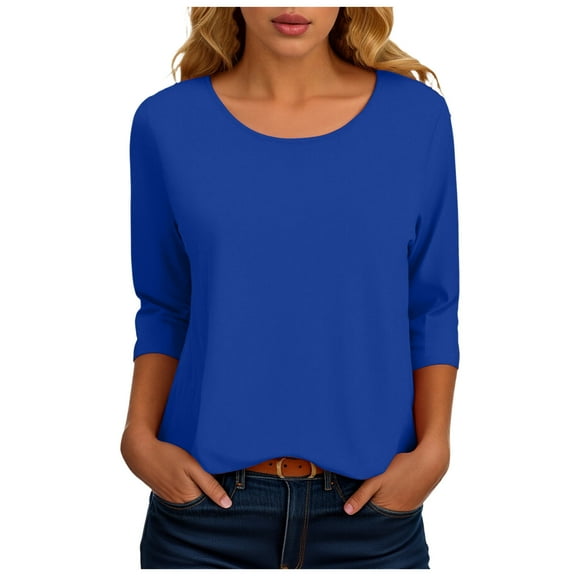 zaveiop 3/4 Length Sleeve Womens Tops Casual Loose Fit Crewneck T Shirts Cute Solid Color Three Quarter Length Tunic Tops (Blue, XXL)
