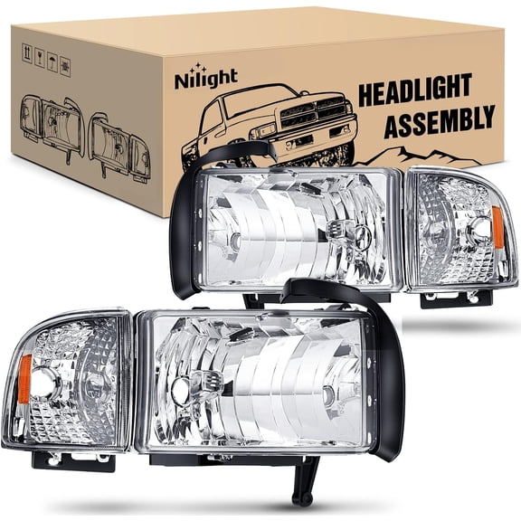 Nilight Headlights Replacement Assembly kit Compatible with 1994 1995 1996 1997 1998 1999 2000 2001 2002 Ram 1500 2500 3500 Chrome Replacement,2 Pack,Driver and Passenger Set