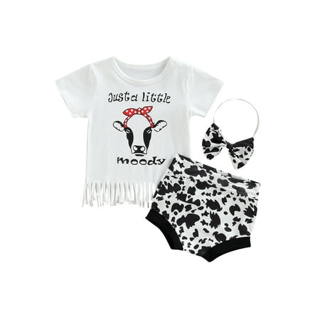 

Calsunbaby Toddler Baby Girls Shorts Sets Cow Bee Print Tasseled T-shirt + Elastic Waist Shorts + Bowknot Hairband Black White Cow 12-18 Months