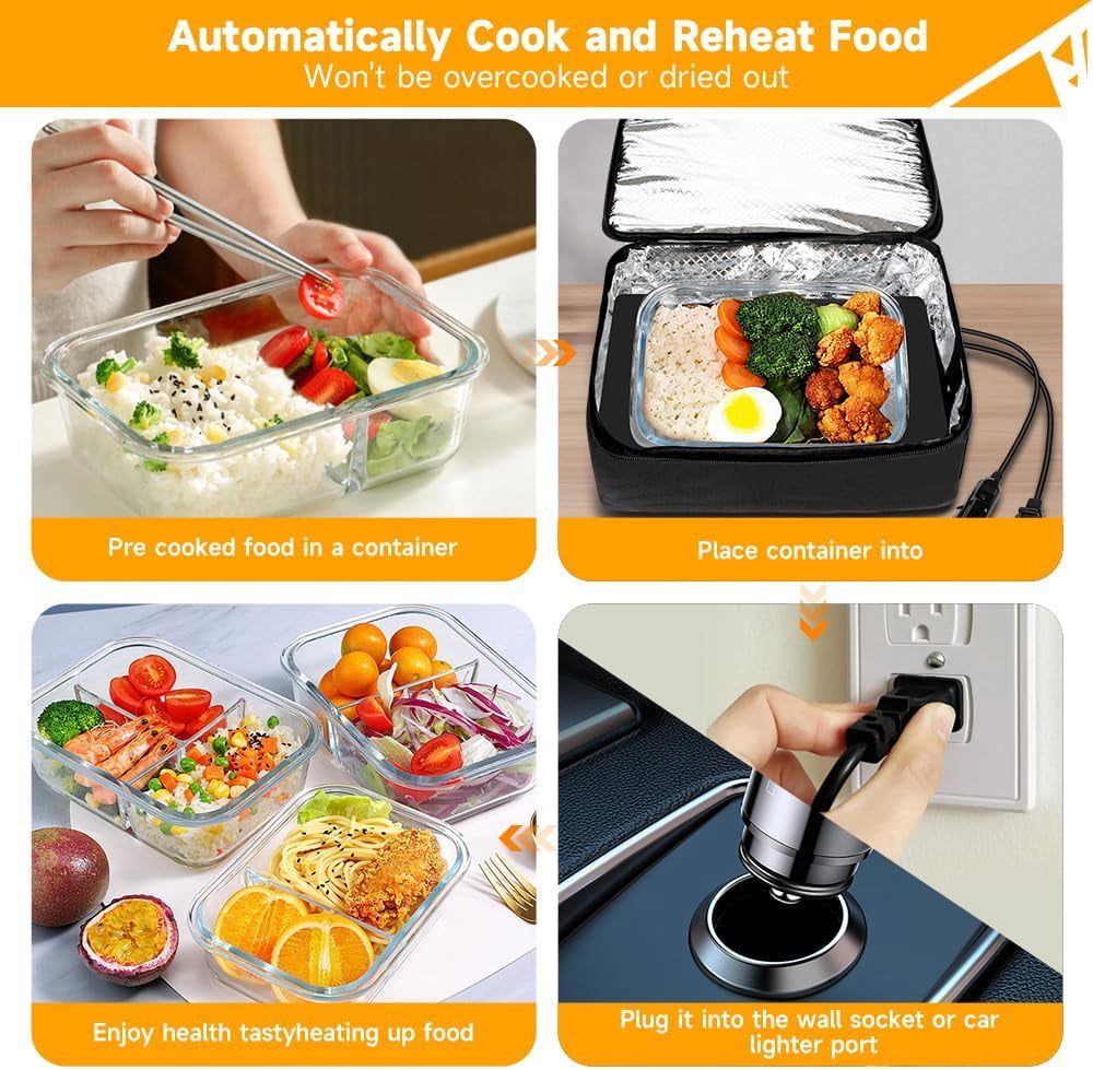 XEENSO Protable Oven Food Warmer 100W, 12V/24V/110V Electric Lunch Box for Adults, Personal Microwave for Heating and Cooking Meals