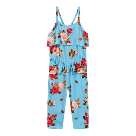 

Odeerbi Toddler Floral Romper Kids Girls Summer Fashion Casual Printing Sleeveless Strap Jumpsuit Blue