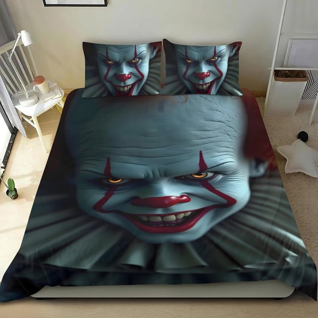 Payaso Pennywise Conjunto de sábanas temático, trío de piezas, cómodo y amigable con la piel, diseño único, regalo de decoración para el hogar para familiares, amigos y fans,135cm *200cm