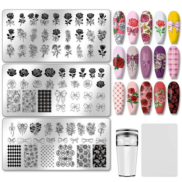 Juego de 3 placas para estampar uñas con diseño de rosas, plantillas para uñas con diseño de ramo, plantillas para manicura con estampado floral vintage.