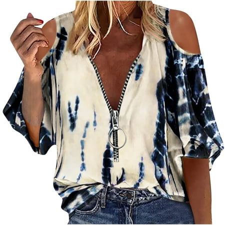 

Crop Tops for Women Tunic Tops Women Summer Sexy Shirt Cold Shoulder Pullover Blouse Half Sleeve Zipper Printed Tops Womens Workout Tops Black Shirts for Women New Arrival Beige S
