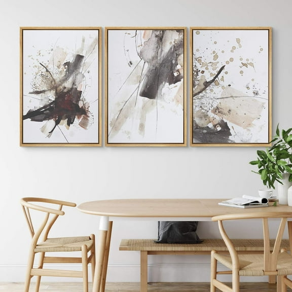 PixonSign Framed Wall Art Set Watercolor Explosion Variety Abstract Shapes Modern Art Decor Bohemian Colorful Pastel Brushstrokes Prints for Living Room, Bedroom, Office - 24"x36"x3 Natural