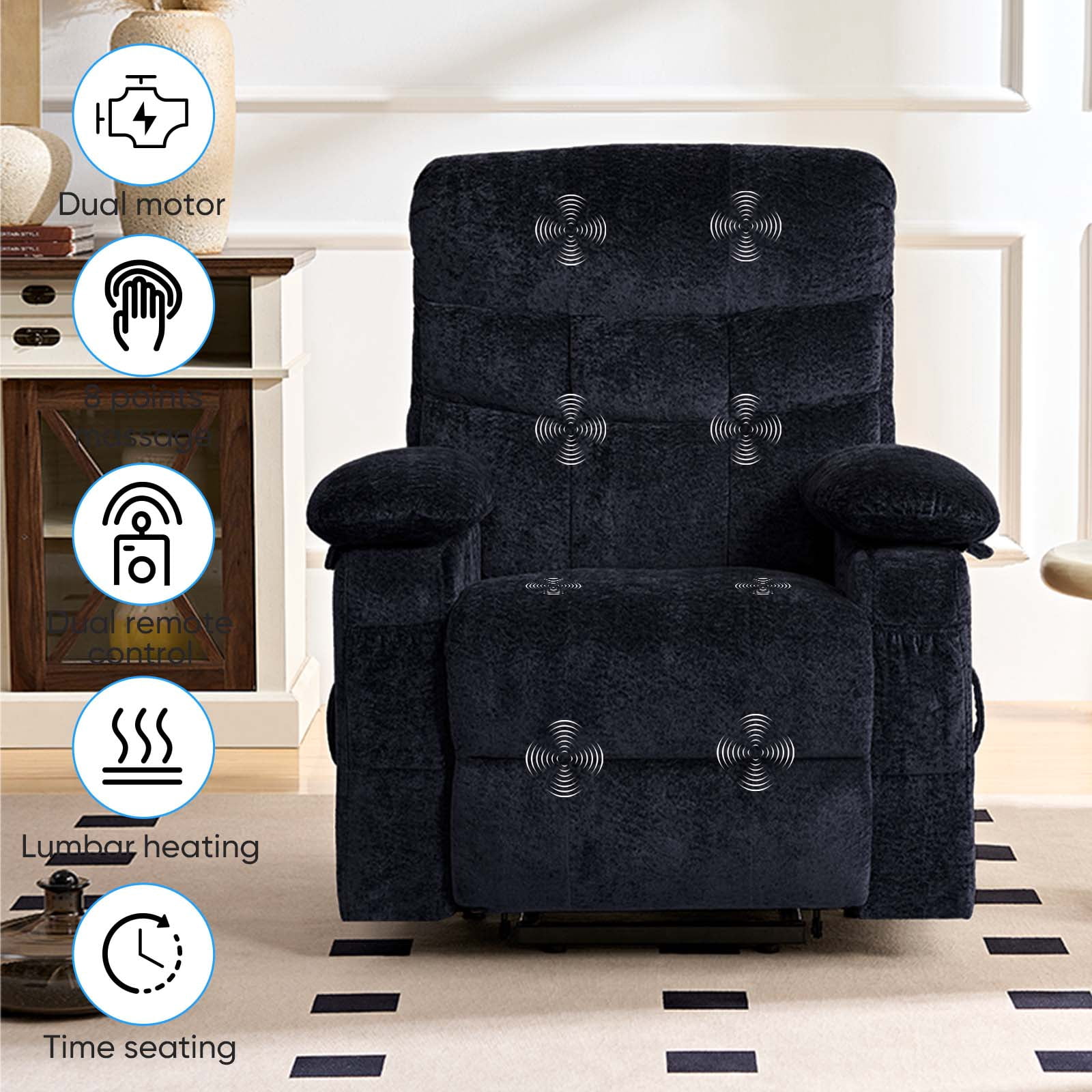 Puremind Dual Motor Power Lift Recliner Chair for Elderly, Electric Lift Recliner Single Sofa with Heating and Message for Living Room/Bedroom, Black