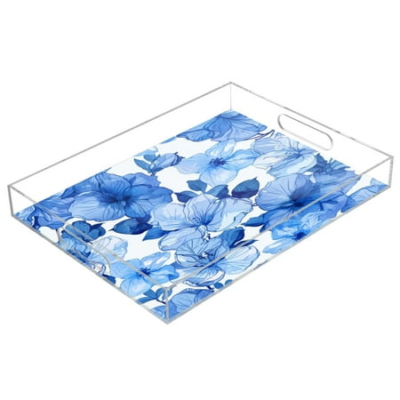 

Acrylic Tray 15.7*11.8*1.9 Inch Transparent Tray Food Tray Tea Cup Tray Serving Trays Cosmetics Storage Kitchen Table Bathroom Sundry Storage Beautiful Blue Flowers1