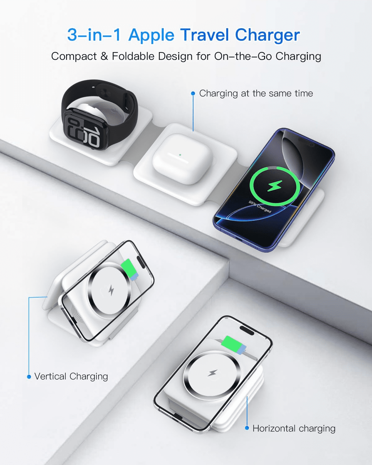 Charging Station for Apple Multiple Devices - Travel Charging Pad for iPhone 12-17 Pro Max Plus Watch & Airpods（White）