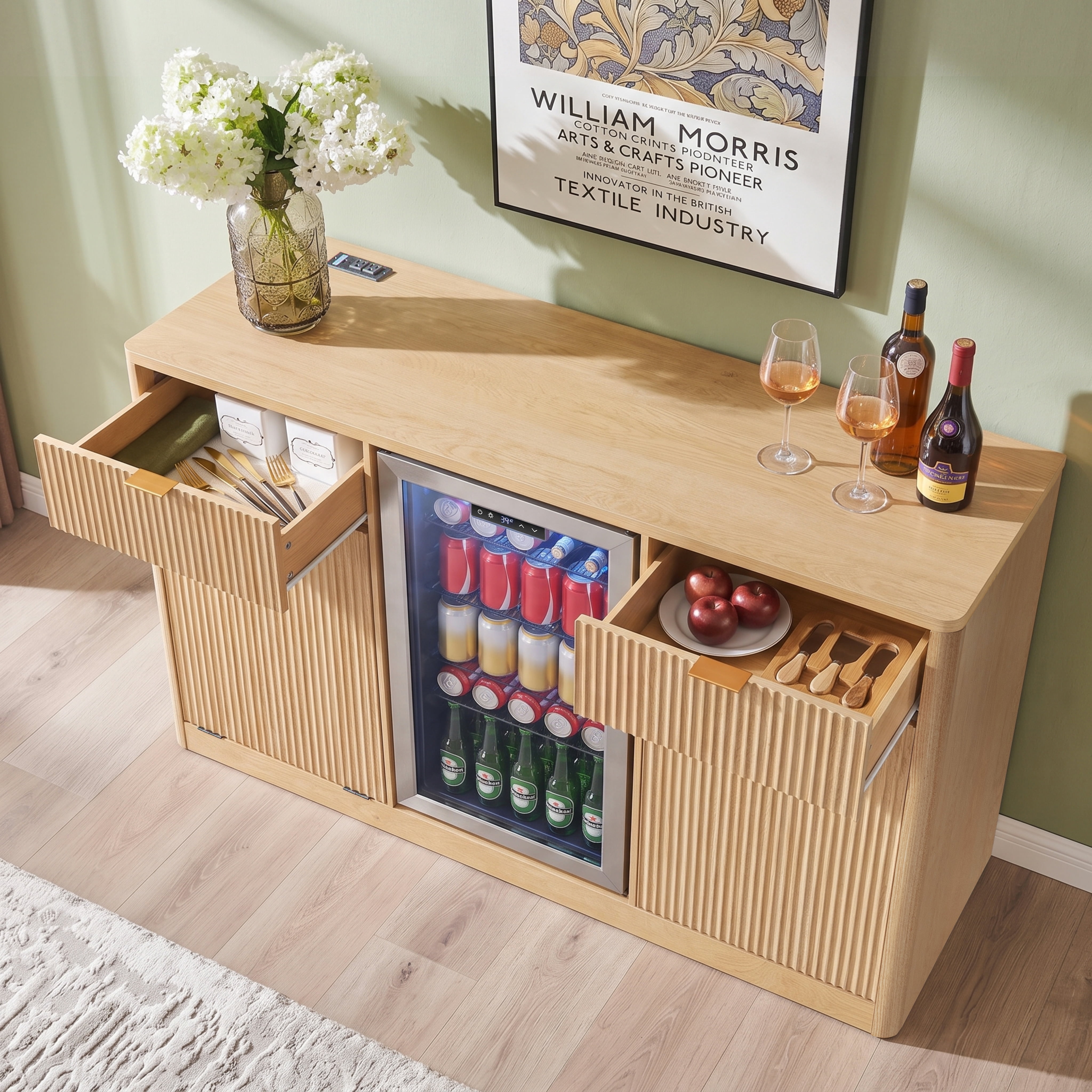 Mintazer 59" Fluted Coffee Bar Cabinet with Fridge Space & Tilt-Out Trash Cabinet, Sideboard with Charging Station and Wine Glass Holder & Adjustable Shelves for Kitchen Dining Living Room, Natural