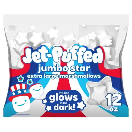 Jet-Puffed Jumbo Star Extra Large Marshmallows, 1 Bag, for S'mores and Americana Snacking, Fat Free, Glow-in-the-Dark Bag, 12 oz